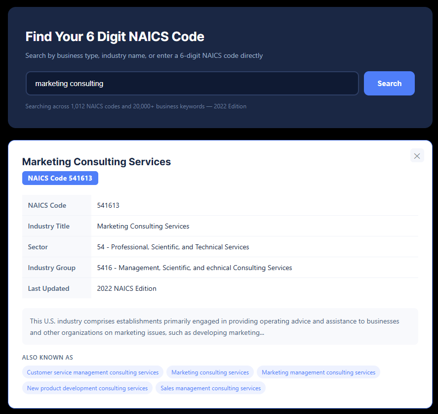 Screenshot of Step 4 showing the NAICS search result for "marketing consulting," displaying the detailed results card for NAICS Code 541613, including its industry sector and related business keywords