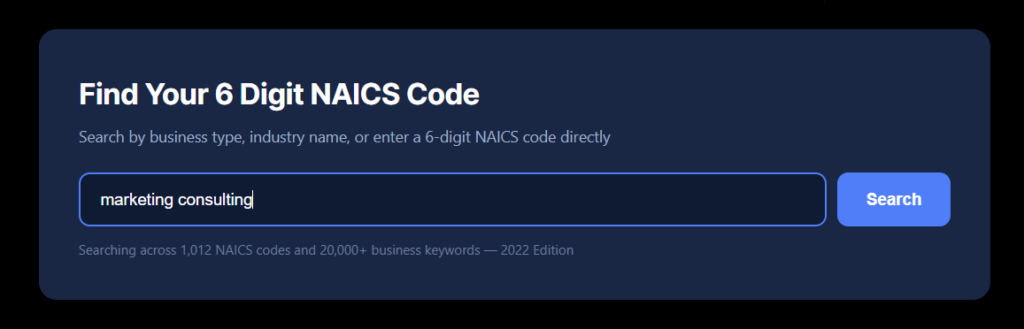 The NAICSCodeSearch.com search section with "marketing consulting" typed into the lookup bar, demonstrating how to find the specific 6-digit NAICS code.